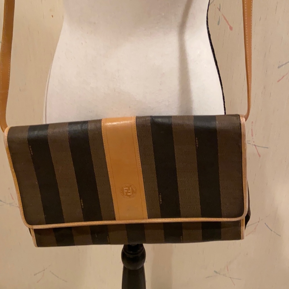 Fendi Brown and Tan Striped Canvas Shoulder Bag